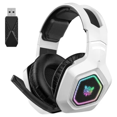 ONIKUMA B100 Tri-Mode Wireless Gaming Headset with 2.4G and Bluetooth 5.3, RGB Lighting, and 18-Hour Battery – White
